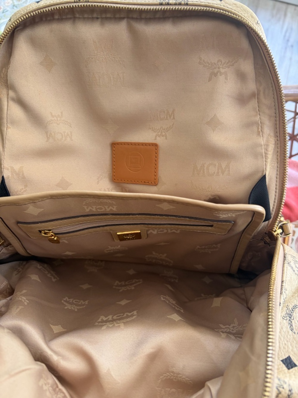 MCM Cognac Beige Monogram Backpack with Black Logos - Picture 6 of 9